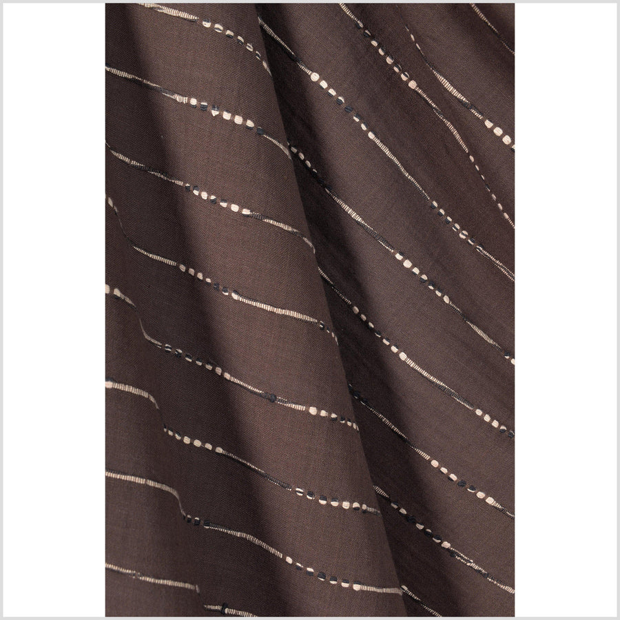 Neutral chocolate brown handwoven cotton fabric with woven mocha and back striping, medium-weight, plain weave, fabric per yard PHA180