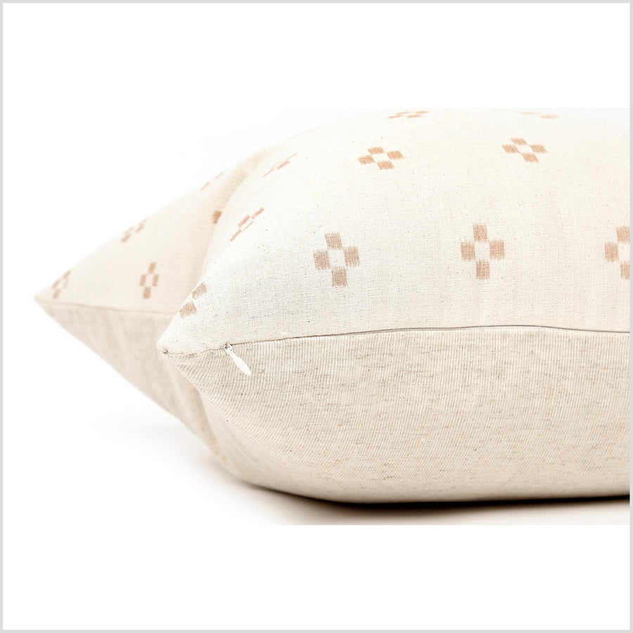 Neutral cream and beige cotton throw pillow, block print flower pattern Thailand fabric, lumbar square rectangle decorative cushion YY94
