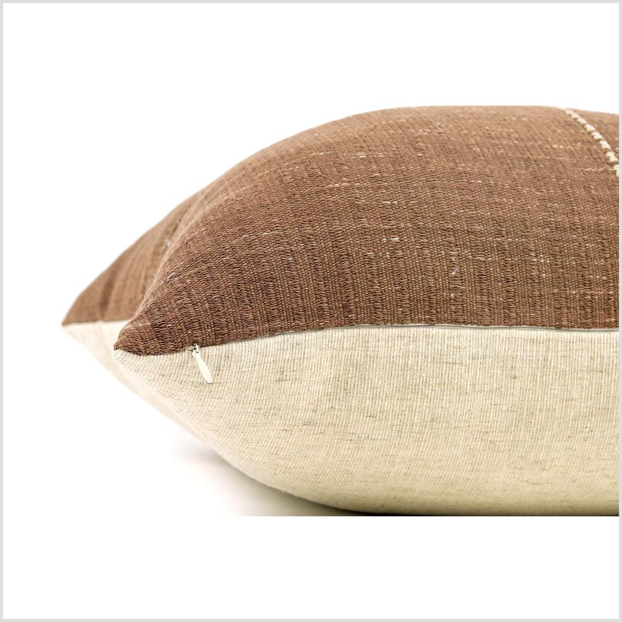 Neutral earth-tone brown pillow, Hmong tribal 21 inch square cushion, handwoven cotton, hand sewing, natural organic dye, Thailand YY12
