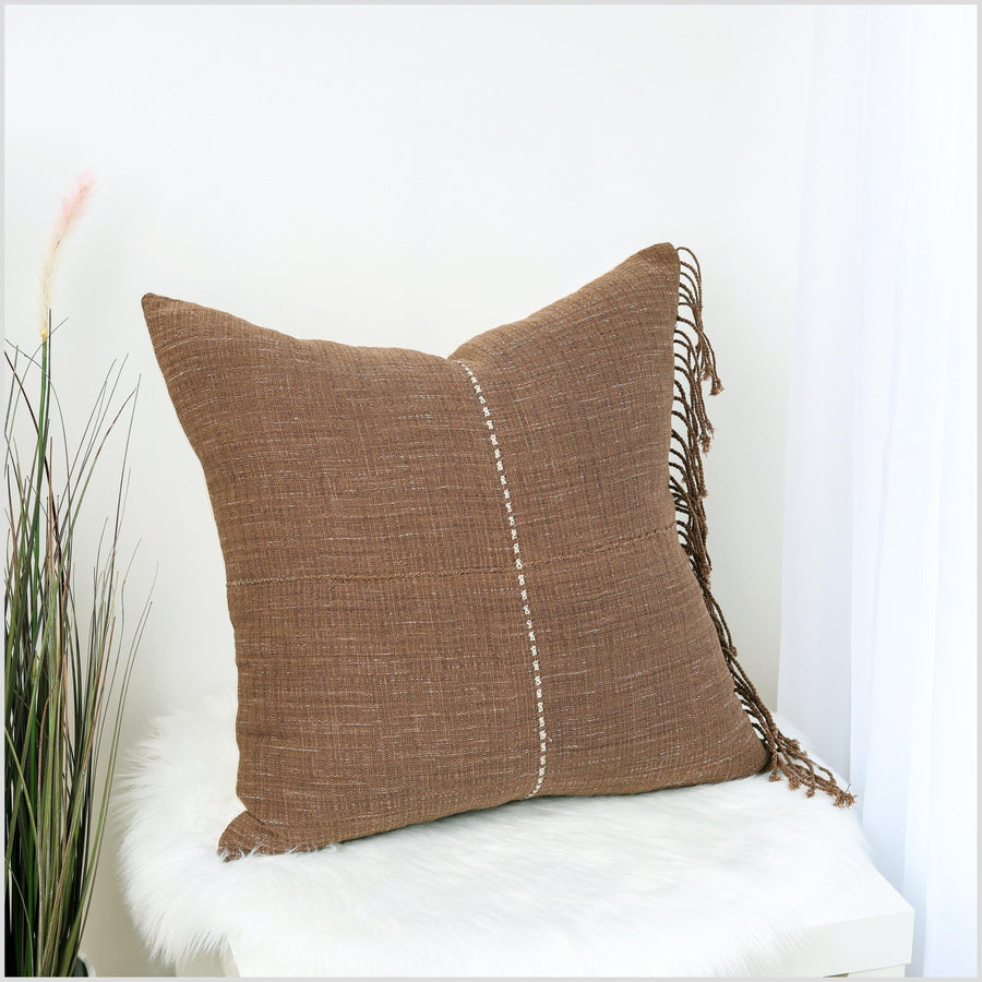 Neutral earth-tone brown pillow, Hmong tribal 21 inch square cushion, handwoven cotton, hand sewing, natural organic dye, Thailand YY12