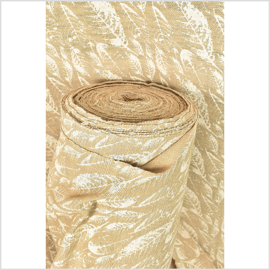 Neutral gold yellow fabric, thick yarn, loose weave, cream leaf print, handwoven cotton material PHA284