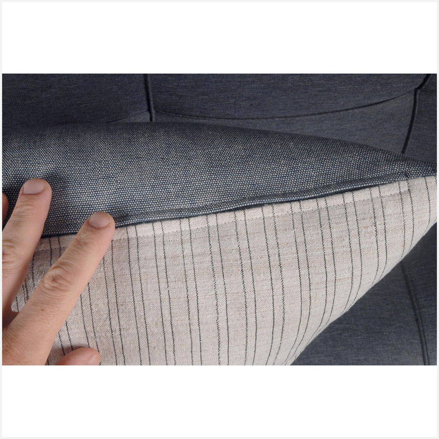 Neutral, natural off-white, gray pinstripe 21 in. square vintage Hmong/Miao pillow BN41