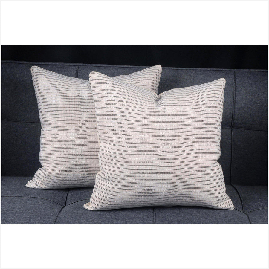Neutral, natural off-white, gray with black pinstripe 19 in. square vintage Hmong/Miao pillow BN42