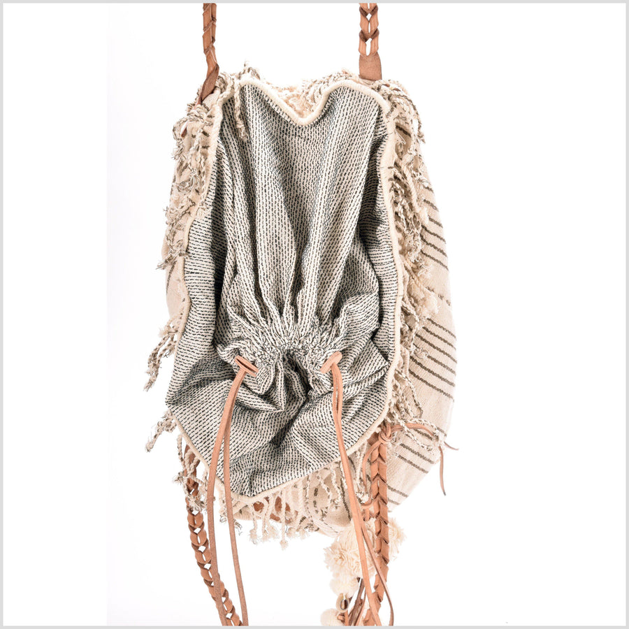 Neutral off-white striped summer handbag, ethnic boho style, natural dye soft cotton, leather handles, tribal hand stitching BG7