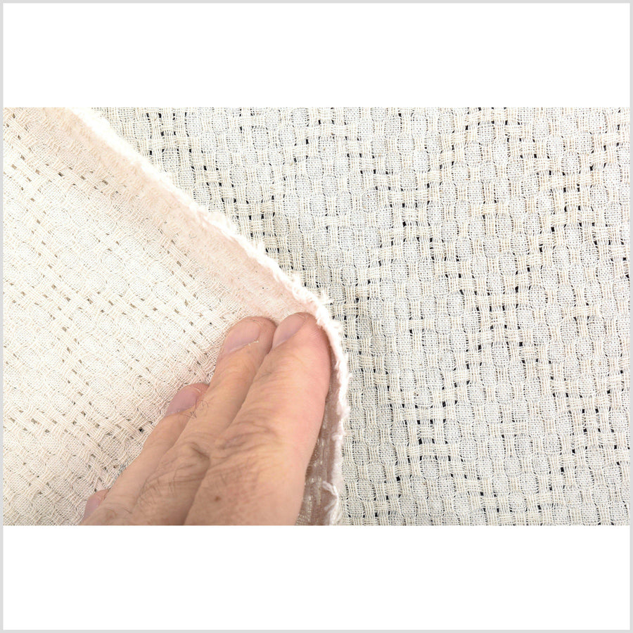 Neutral off white woven cotton fabric, mesh like, diamond and cross pattern, medium weight, semi transparent, fabric sold by the yard PHA155