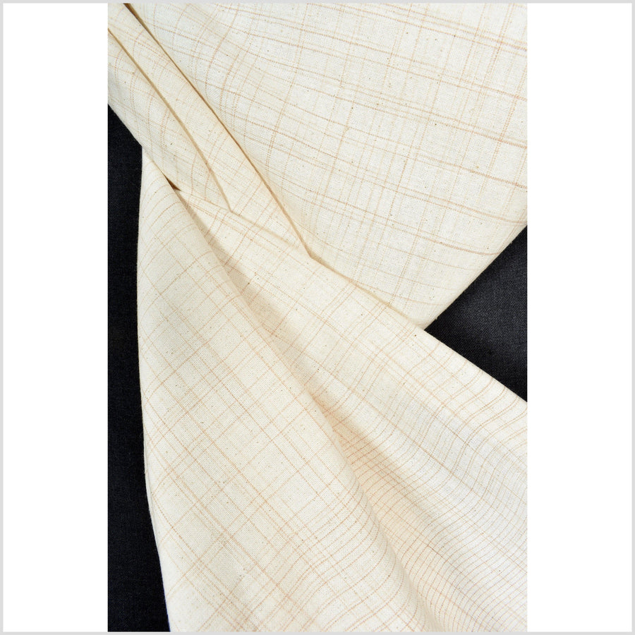 Neutral pale brown crosscheck pattern and cream beige handwoven cotton fabric, medium weight organic dye, Thailand craft supply, sold by the yard PHA323