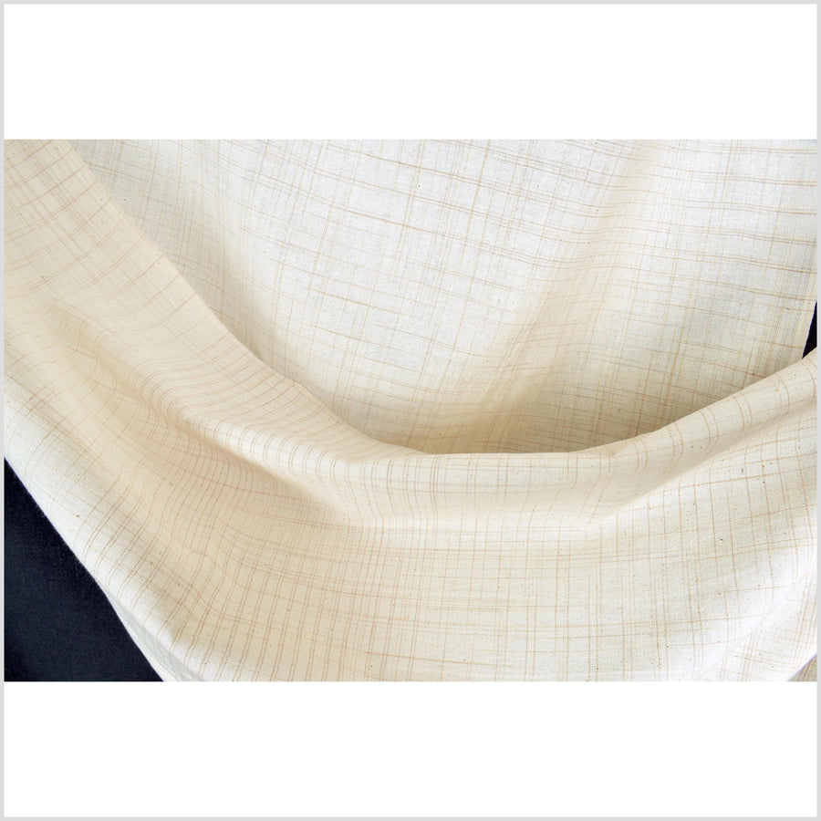 Neutral pale brown crosscheck pattern and cream beige handwoven cotton fabric, medium weight organic dye, Thailand craft supply, sold by the yard PHA323