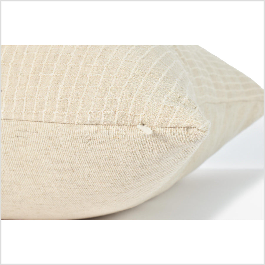 Neutral unbleached beige square cotton pillowcase, square grid net pattern, raised texture, minimalist modern decor, Thailand fabric QQ81