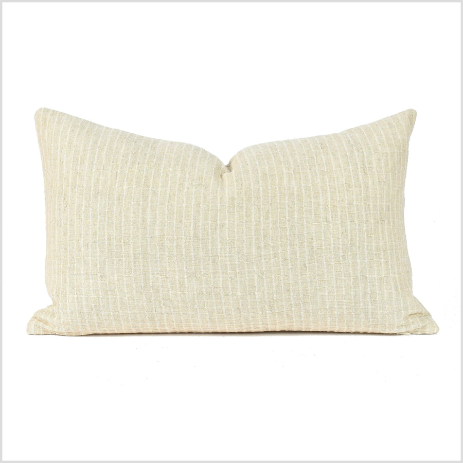 Neutral unbleached beige square cotton pillowcase, square grid net pattern, raised texture, minimalist modern decor, Thailand fabric QQ81