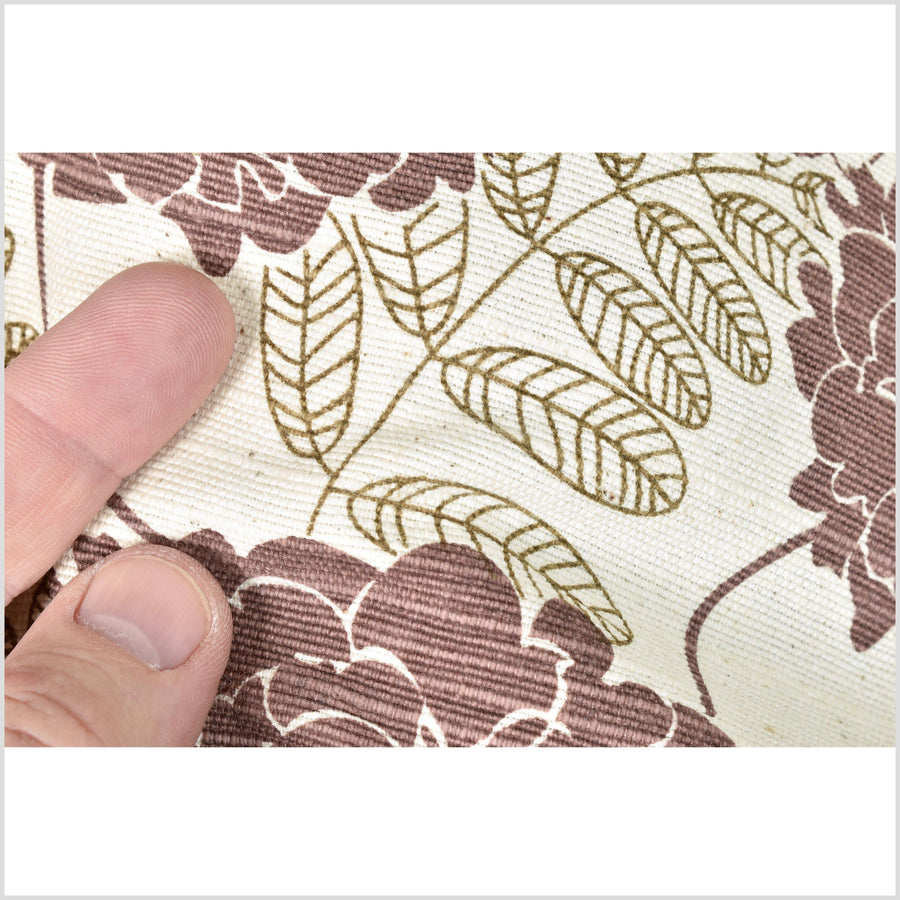 Neutral unbleached handwoven cotton fabric, brown olive green floral print, rustic beige, warm off-white, raised texture, Thailand craft supply PHA285