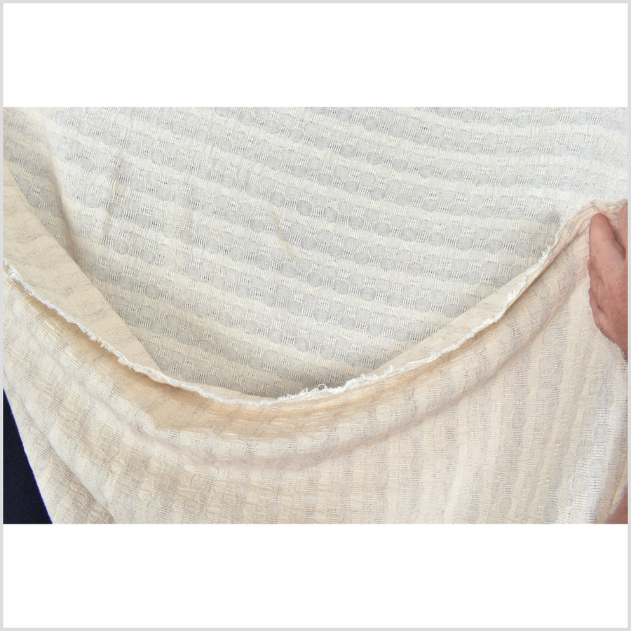 Neutral unbleached off-white 100% cotton crepe fabric, circle and stripe woven pattern, per yard PHA82