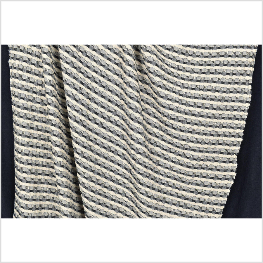 Neutral unbleached off-white and black 100% cotton crepe fabric, circle and stripe woven pattern, per yard PHA83