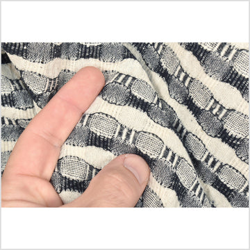 Neutral unbleached off-white and black 100% cotton crepe fabric, circle and stripe woven pattern, per yard PHA83