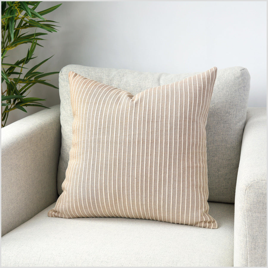 Oatmeal and cream stripes, handwoven cotton throw pillow, thick texture Thailand fabric, lumbar square rectangle decorative cushion YY106