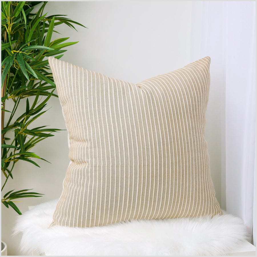 Oatmeal and cream stripes, handwoven cotton throw pillow, thick texture Thailand fabric, lumbar square rectangle decorative cushion YY91