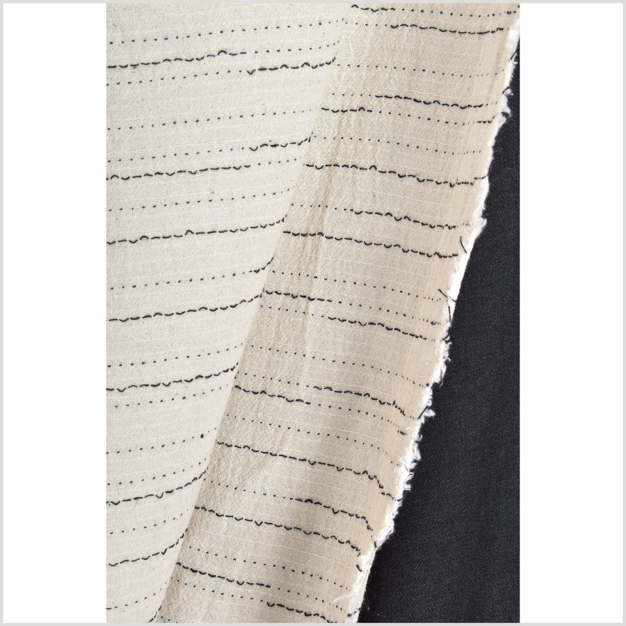Off-white cotton with black micordots, dashes, and stripes, lightweight crepe weave pattern fabric, per yard PHA162