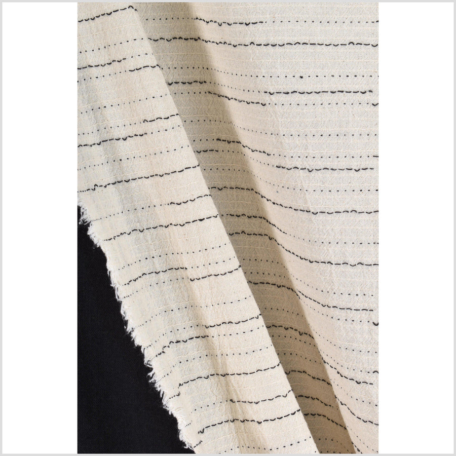 Off-white cotton with black micordots, dashes, and stripes, lightweight crepe weave pattern fabric, per yard PHA162