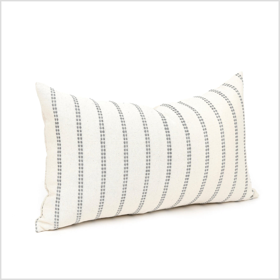Off-white cream neutral handwoven cotton throw pillow, gray woven striping, lumbar, square, rectangle Thailand style decorative cushion YY98