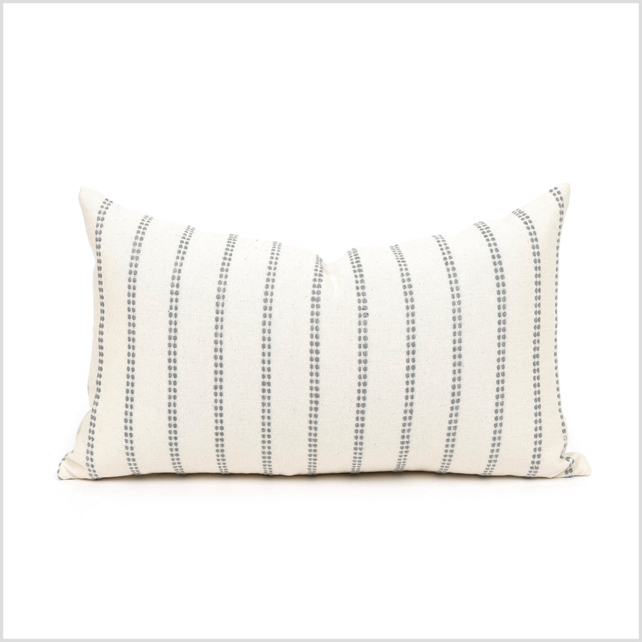 Off-white cream neutral handwoven cotton throw pillow, gray woven striping, lumbar, square, rectangle Thailand style decorative cushion YY98