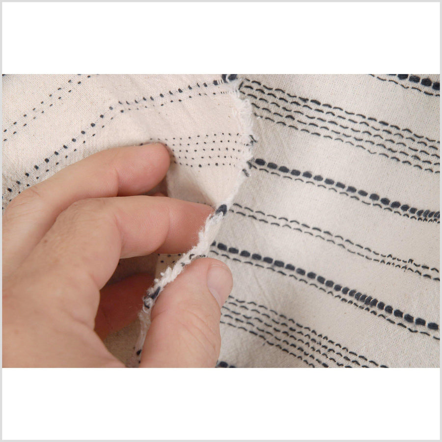 Off-white crepe cotton fabric, light/medium-weight with horizontal black contrast stitching in alternating designs, per yard PHA27