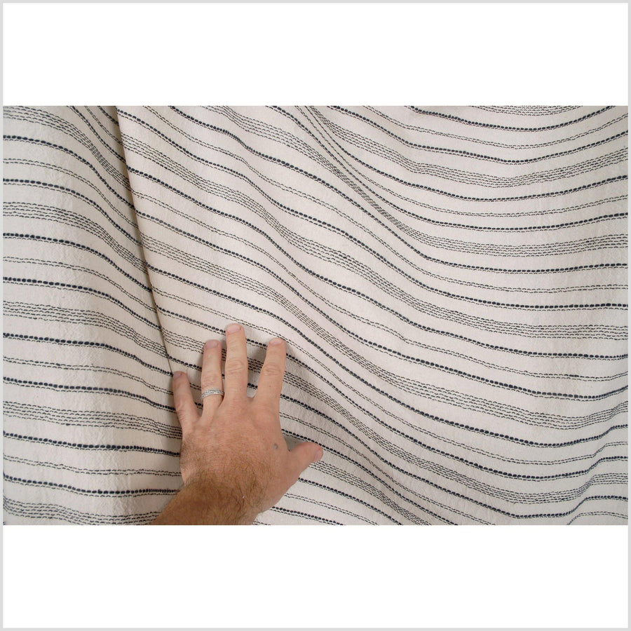 Off-white crepe cotton fabric, light/medium-weight with horizontal black contrast stitching in alternating designs, per yard PHA27