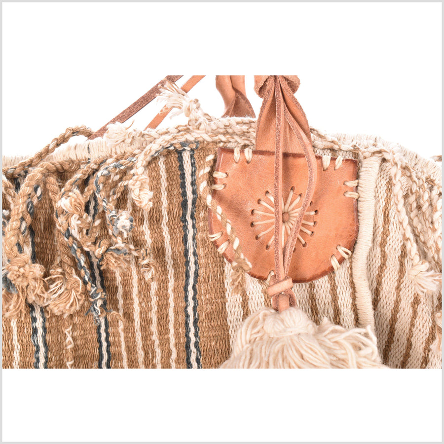 Off white striped cotton handbag, ethnic boho style, natural dye soft cotton, leather handles, tribal hand stitching BG19
