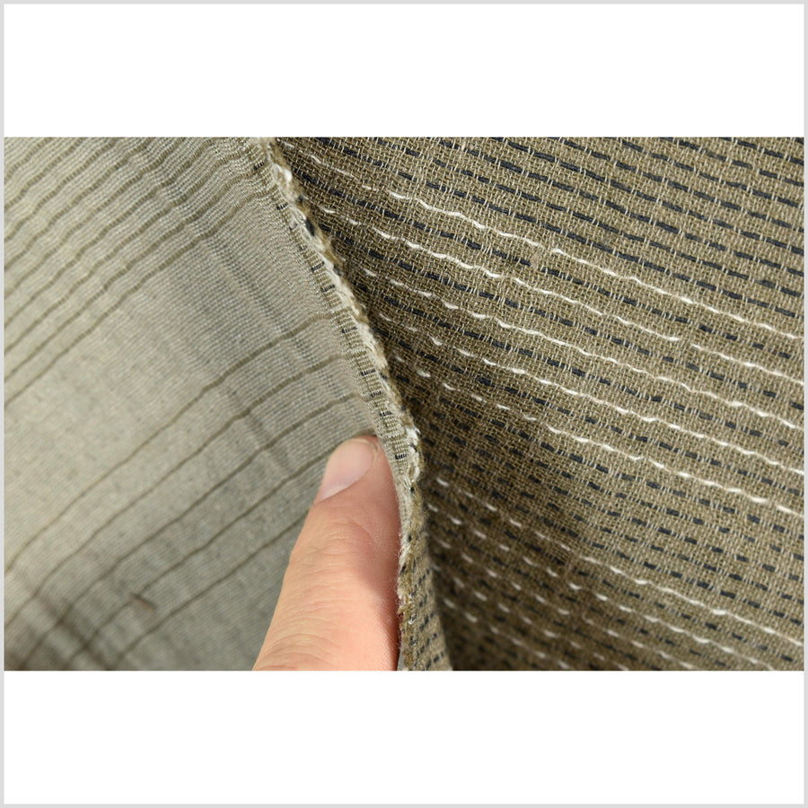 Olive green-brown cotton fabric with black and white woven pin stripes, quilted double ply, Thailand craft supply sold by the yard PHA313-10