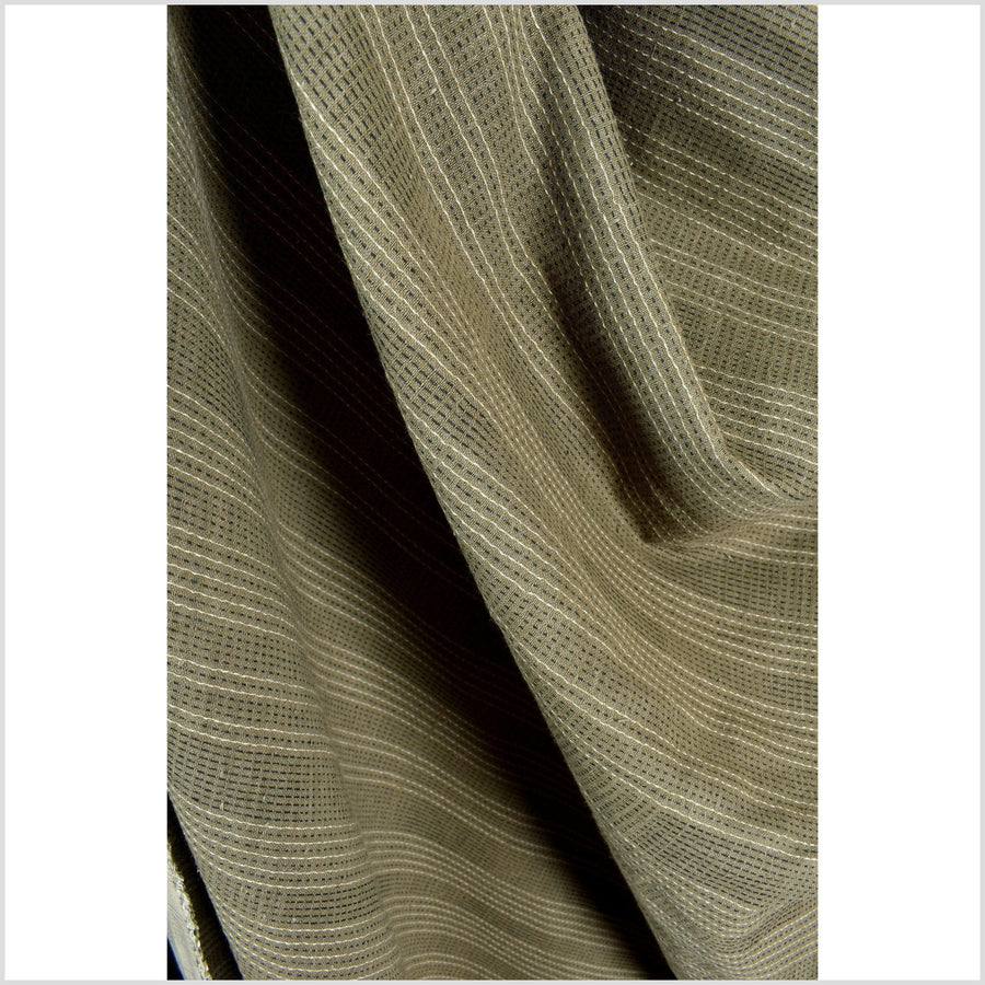 Olive green-brown cotton fabric with black and white woven pin stripes, quilted double ply, Thailand craft supply sold by the yard PHA313-10