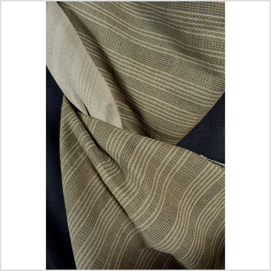 Olive green-brown cotton fabric with black and white woven pin stripes, quilted double ply, Thailand craft supply sold by the yard PHA313