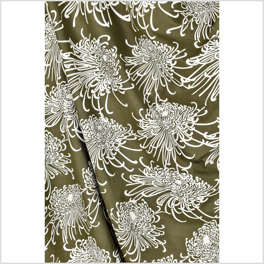 Olive green cotton fabric, cream off-white flower nature screen print, bold graphic pattern, Thailand sewing craft, sold by the yard PHA294