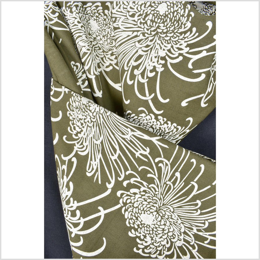 Olive green cotton fabric, cream off-white flower nature screen print, bold graphic pattern, Thailand sewing craft, sold by the yard PHA294