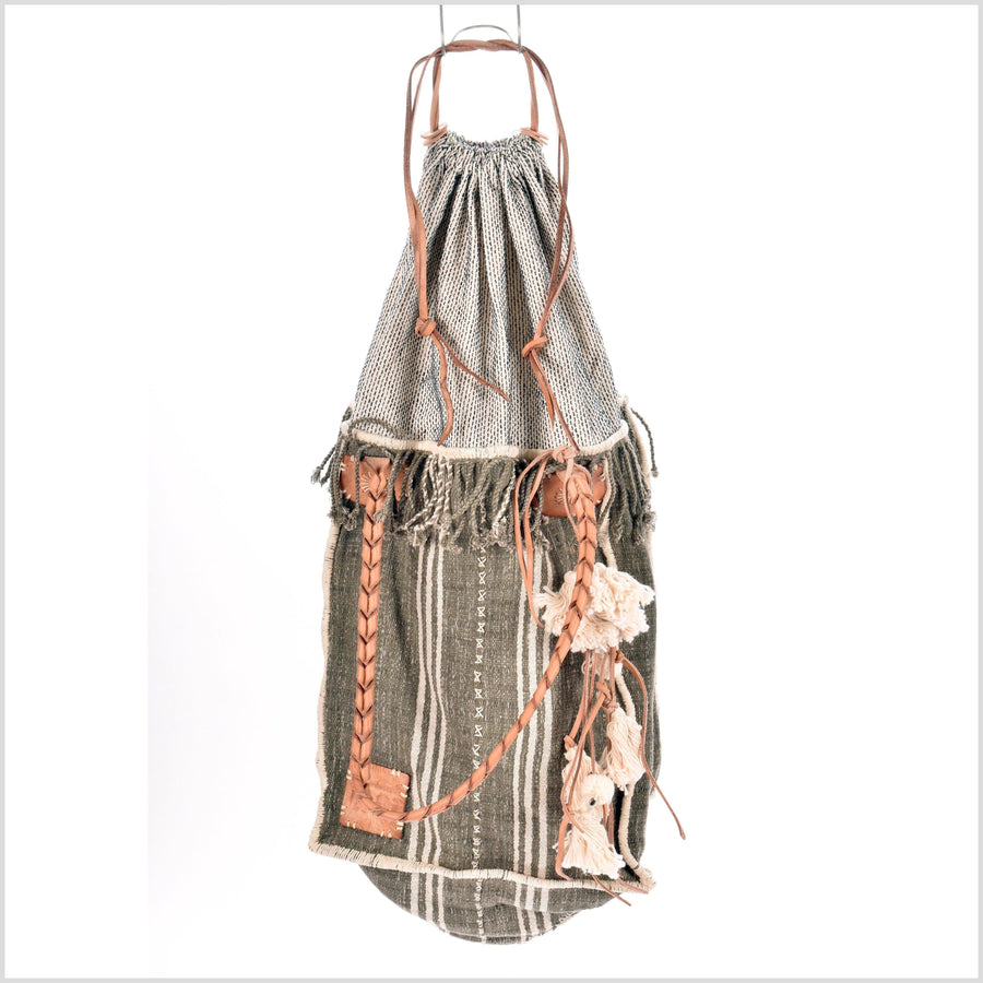 Olive green striped summer handbag, ethnic boho style, natural dye soft cotton, leather handles, tribal hand stitching BG6