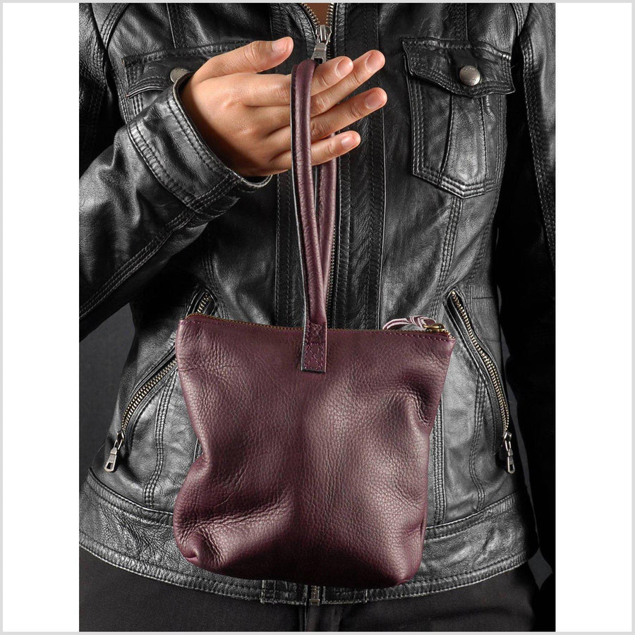 PURPLE leather wrist bag, soft purple leather clutch, small leather hand bag, zipper top with cotton lining and cell phone pocket coin bag