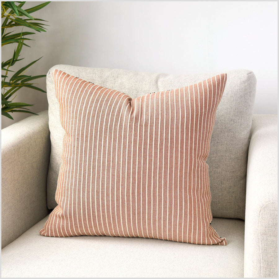 Pale brick orange, off-white and black throw pillow, handwoven striped cotton, double-sided, choose shape size decorative cushion YY108