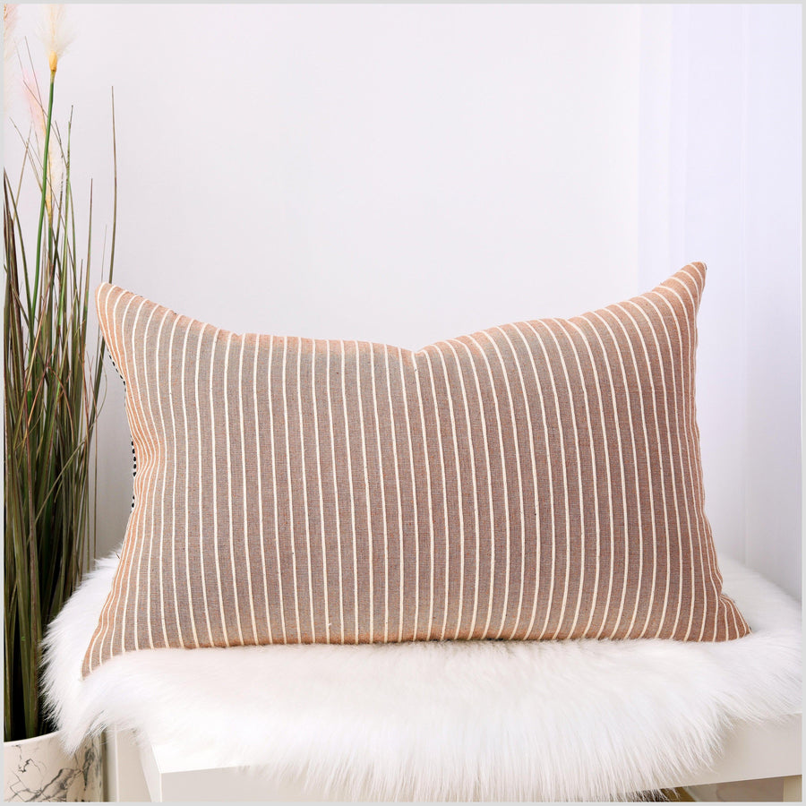 Pale brick orange, off-white and black throw pillow, handwoven striped cotton, double-sided, choose shape size decorative cushion YY99