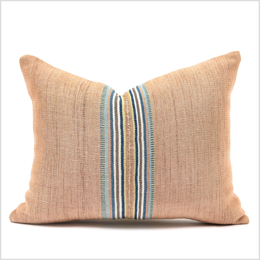 Pale orange cantaloupe & blue handwoven pillow, tribal organic dye cushion, ethnic hill tribe cotton pillowcase, natural hand sewing YY70