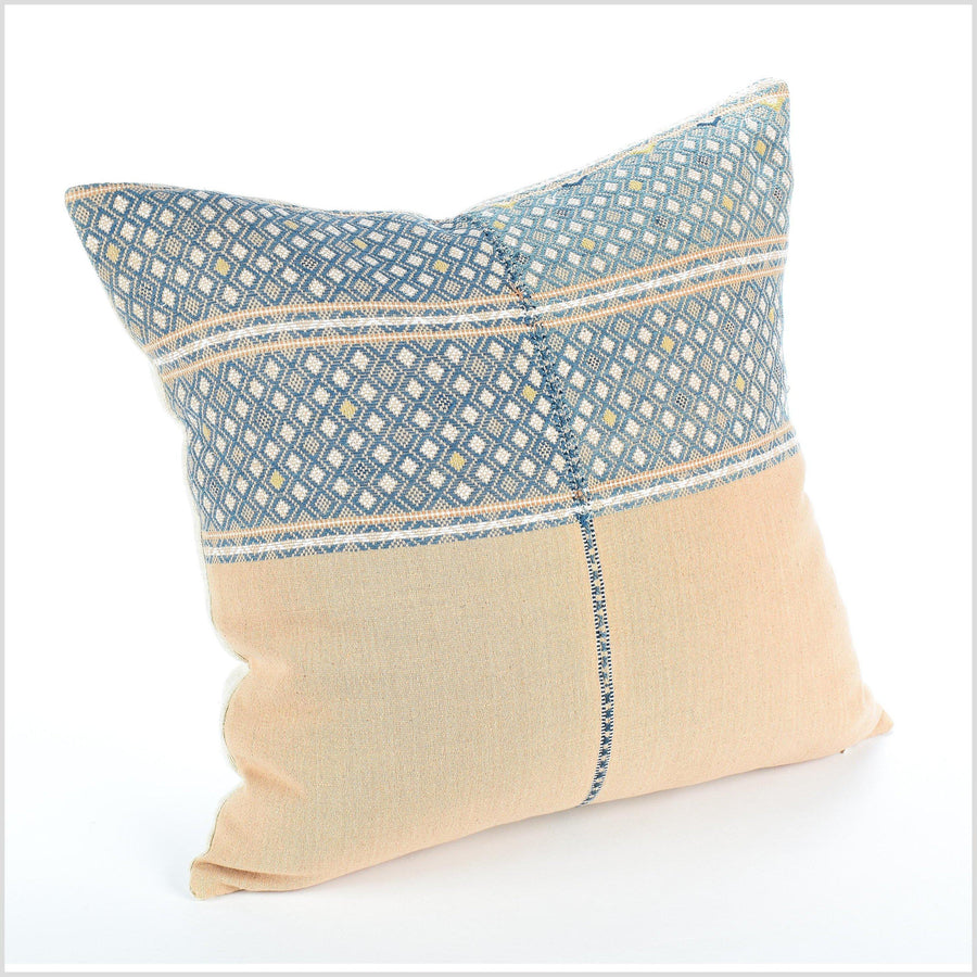 Pale peach and blue handwoven pillow, tribal 22 in. square cushion, ethnic hill tribe cotton pillowcase, natural organic dye color, hand sewing QQ54