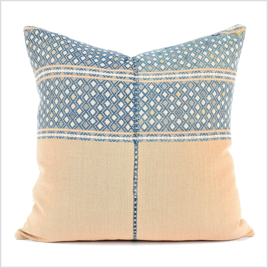 Pale peach and blue handwoven pillow, tribal 22 in. square cushion, ethnic hill tribe cotton pillowcase, natural organic dye color, hand sewing QQ54