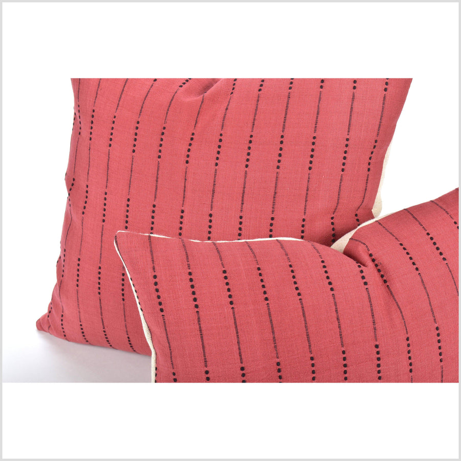 Pale red black stripe pillow, handwoven cotton pillowcase, organic dye, bohemian home decor, choose size shape cushion QQ20