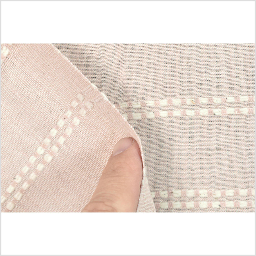 Pale rose & cream handwoven cotton fabric with woven white striping, medium-weight, fabric per yard PHA191