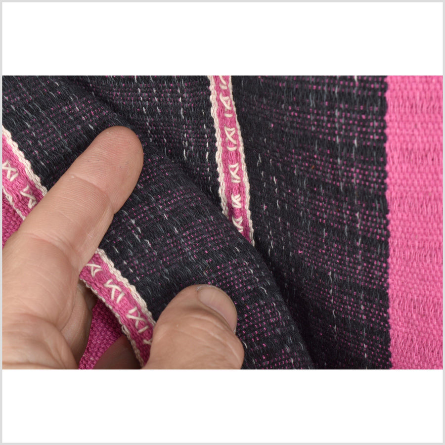 Pink, black, white stripe, natural organic dye cotton, handwoven tribal textile, Karen Hmong fabric, Thai bohemian throw MQ45