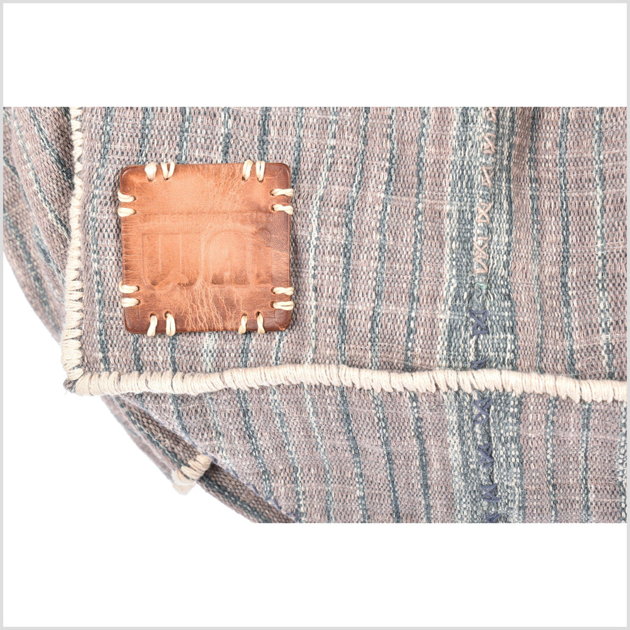 Pink gray striped cotton handbag, ethnic boho style, natural dye soft cotton, leather handles, tribal hand stitching BG28