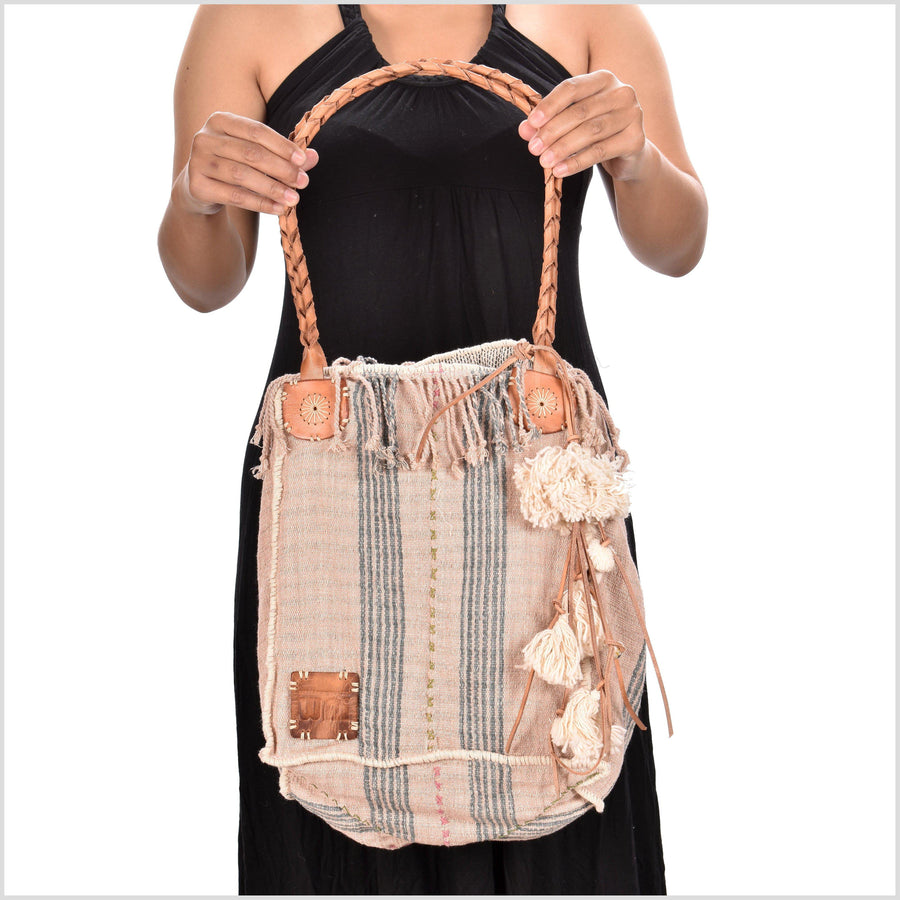 Pink striped cotton handbag, ethnic boho style, natural dye soft cotton, leather handles, tribal hand stitching BG23