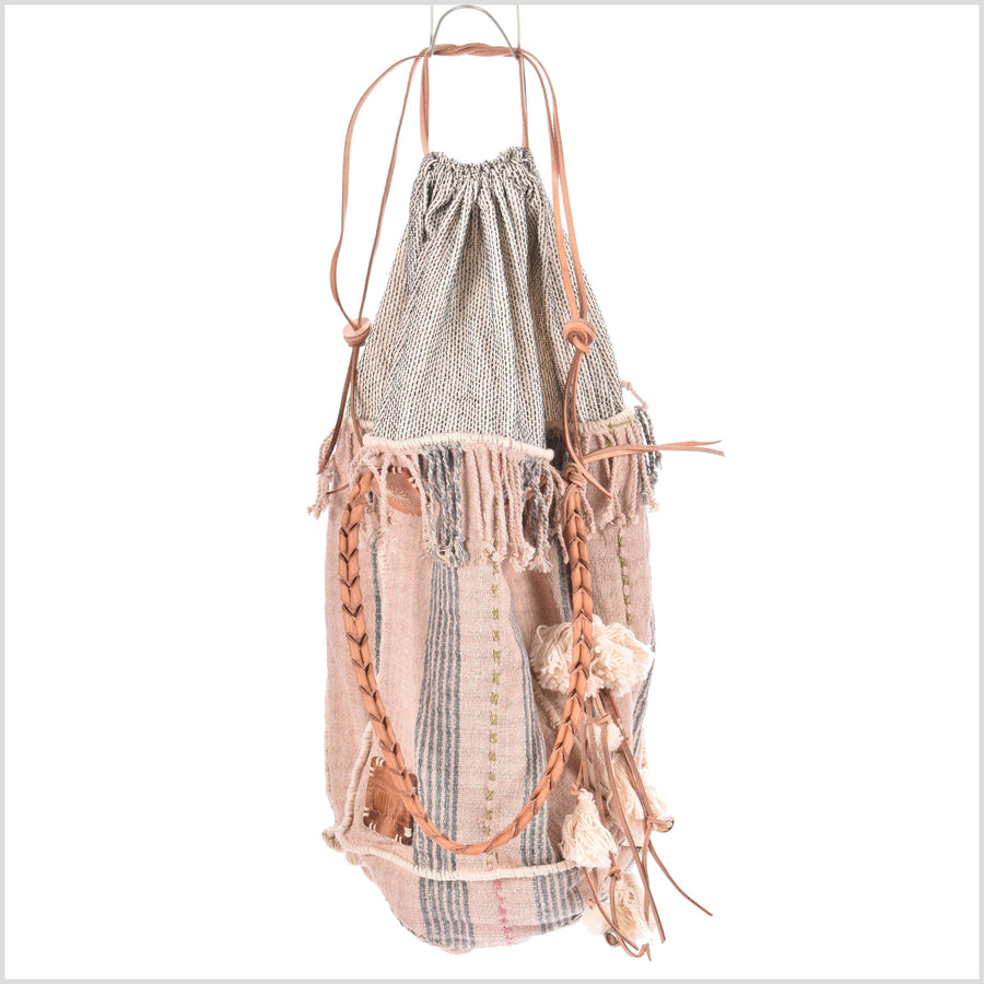 Pink striped cotton handbag, ethnic boho style, natural dye soft cotton, leather handles, tribal hand stitching BG23
