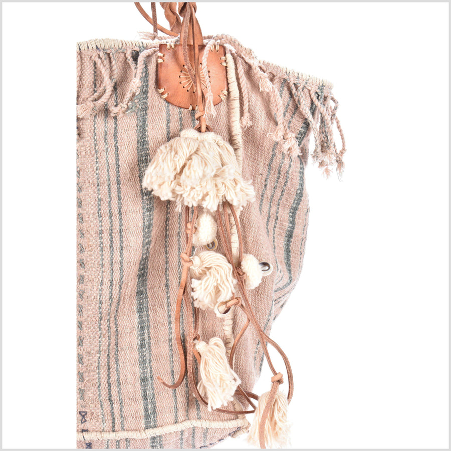 Pink striped cotton handbag, ethnic boho style, natural dye soft cotton, leather handles, tribal hand stitching BG31