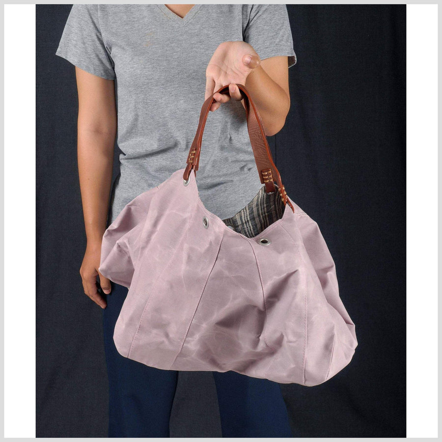 Pink wax cotton handbag lilac waxed summer tote beach bag hand sewn leather handles zip pocket snap magnet closures Pink canvas shopping bag