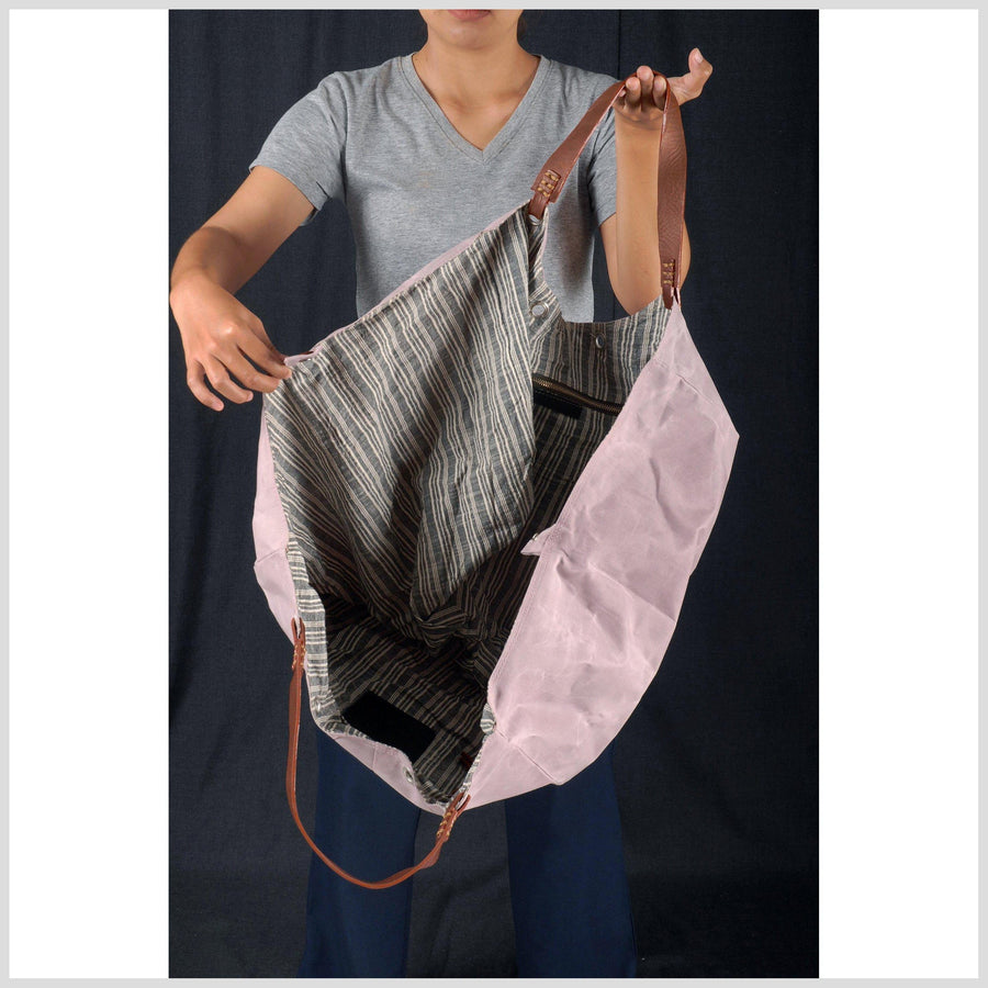 Pink wax cotton handbag lilac waxed summer tote beach bag hand sewn leather handles zip pocket snap magnet closures Pink canvas shopping bag