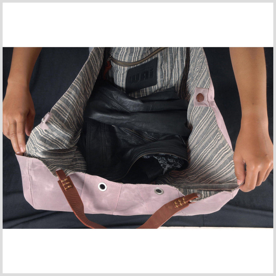 Pink wax cotton handbag lilac waxed summer tote beach bag hand sewn leather handles zip pocket snap magnet closures Pink canvas shopping bag