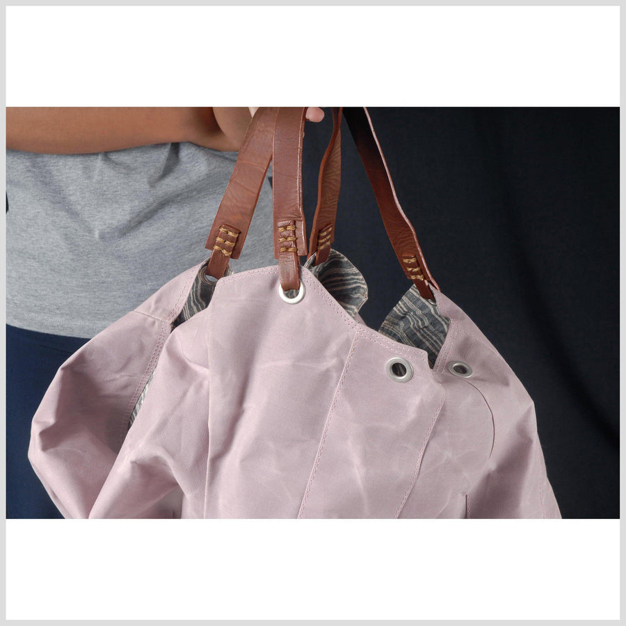 Pink wax cotton handbag lilac waxed summer tote beach bag hand sewn leather handles zip pocket snap magnet closures Pink canvas shopping bag