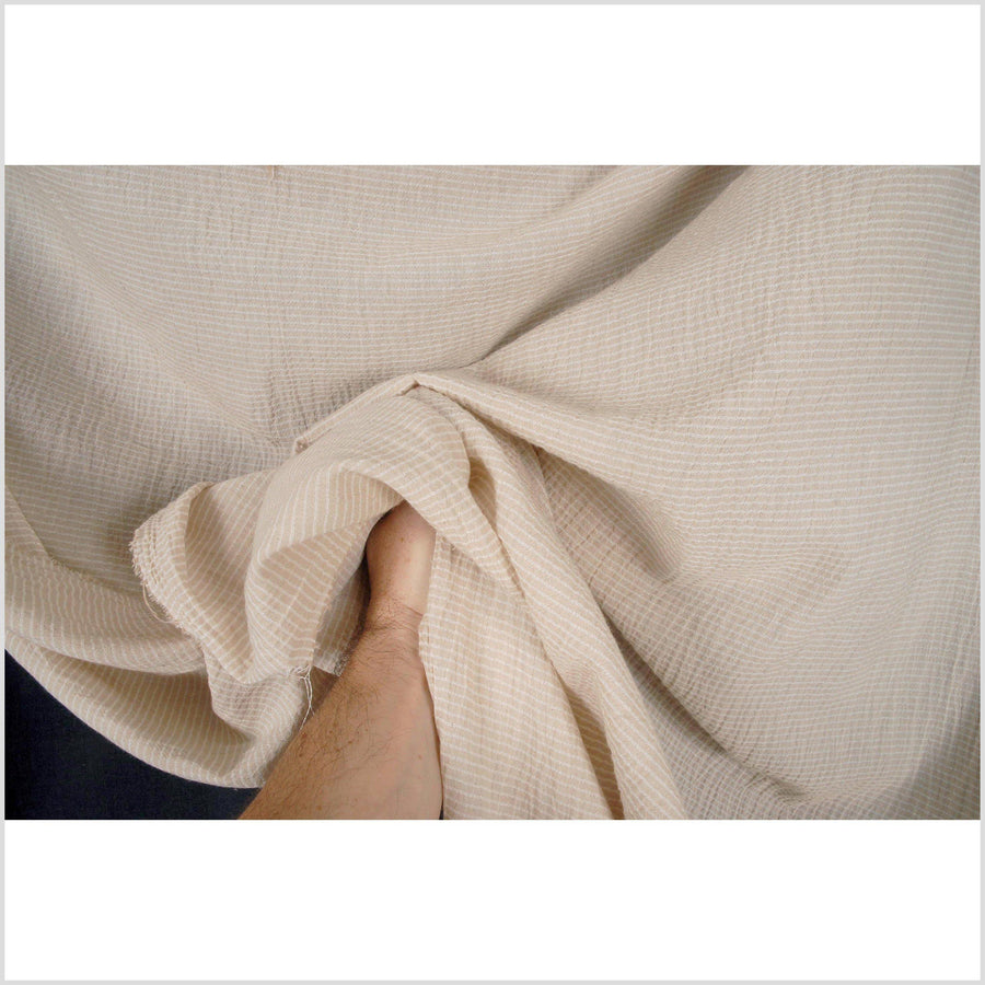 Pinstripe cotton and linen crepe fabric, lightweight beige with off-white stripes, per yard PHA24
